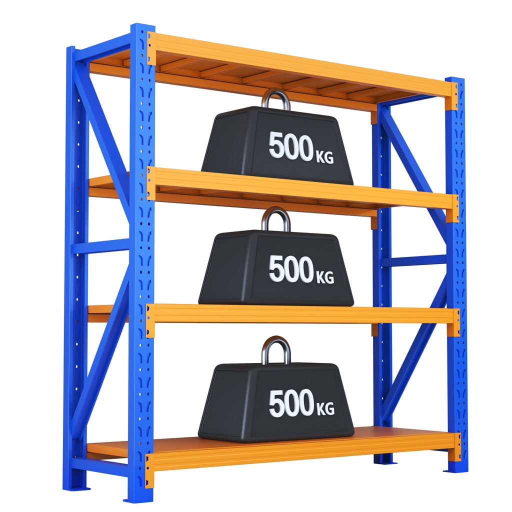 Blue & Orange Heavy‑Duty 3‑Tier Industrial Storage Rack | Steel Warehouse Shelving | 500 kg Per Shelf