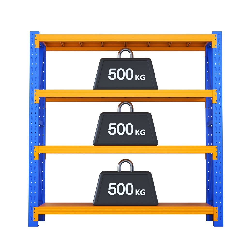 Blue & Orange Heavy‑Duty 3‑Tier Industrial Storage Rack | Steel Warehouse Shelving | 500 kg Per Shelf