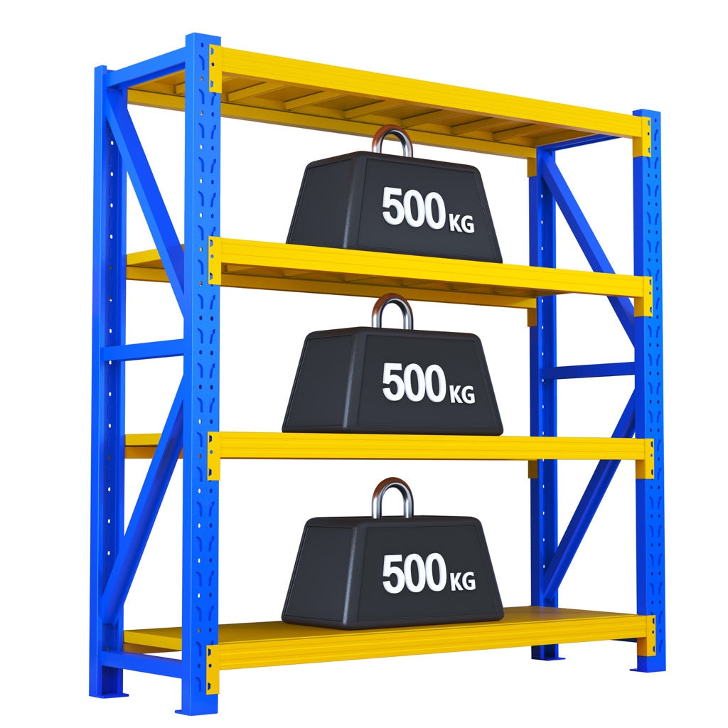 Blue & Yellow Heavy‑Duty 3‑Tier Metal Storage Rack | Industrial Steel Shelving | 500 kg Per Shelf