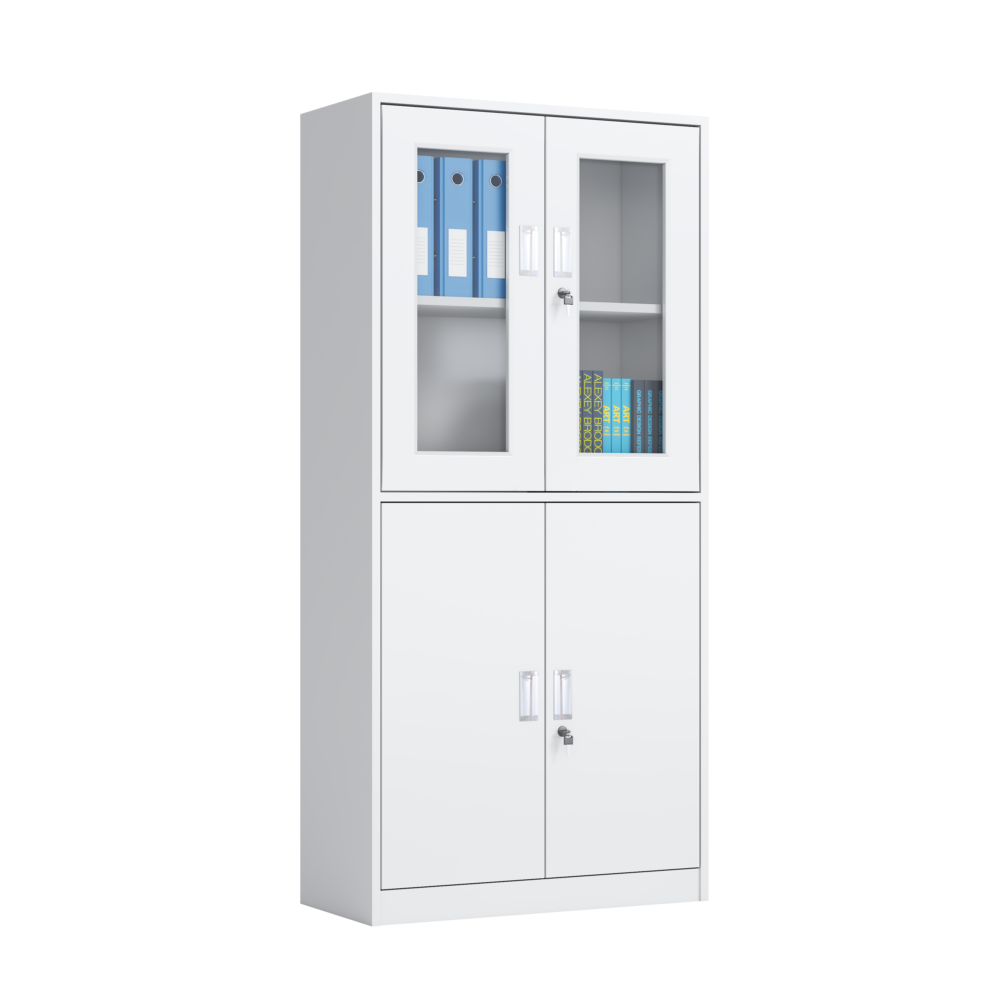 Two-Section White Metal Office Filing Cabinet with Glass Display Top