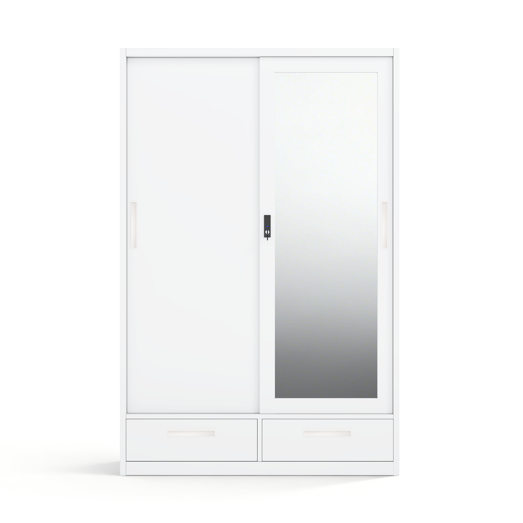 Large 2-Door Steel Sliding Wardrobe with Mirror, 2 Drawers & Lockable Inner Safe - H1850 x W1200mm - Cold Rolled Metal Closet