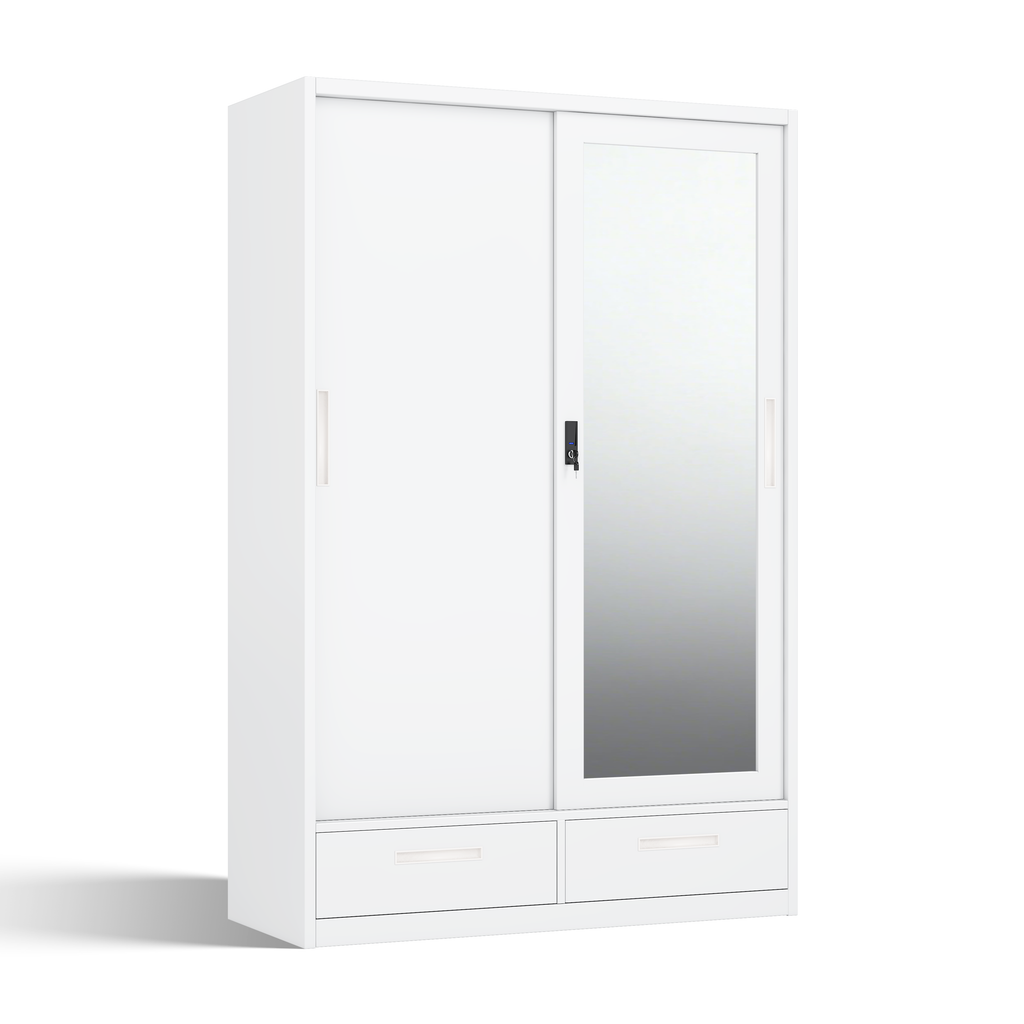 Large 2-Door Steel Sliding Wardrobe with Mirror, 2 Drawers & Lockable Inner Safe - H1850 x W1200mm - Cold Rolled Metal Closet