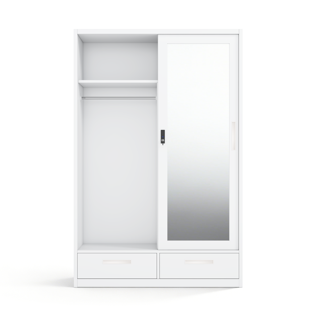 Large 2-Door Steel Sliding Wardrobe with Mirror, 2 Drawers & Lockable Inner Safe - H1850 x W1200mm - Cold Rolled Metal Closet