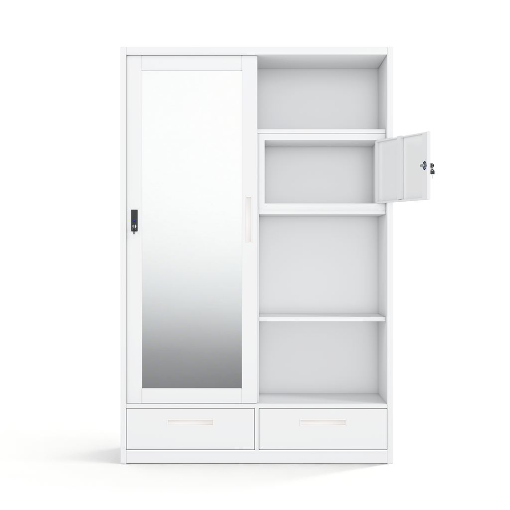 Large 2-Door Steel Sliding Wardrobe with Mirror, 2 Drawers & Lockable Inner Safe - H1850 x W1200mm - Cold Rolled Metal Closet
