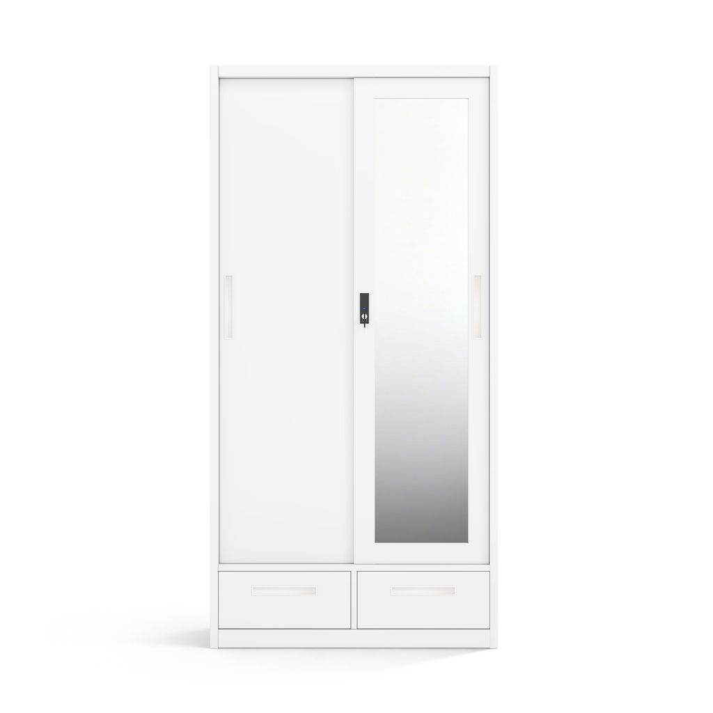 Modern Steel Sliding Door Wardrobe with Mirror & 2 Drawers - H1850 x W900mm - Customizable Metal Bedroom Cabinet