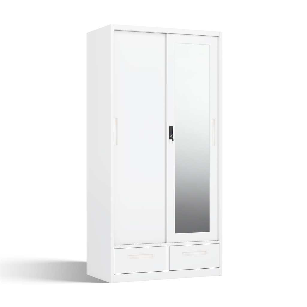 Modern Steel Sliding Door Wardrobe with Mirror & 2 Drawers - H1850 x W900mm - Customizable Metal Bedroom Cabinet