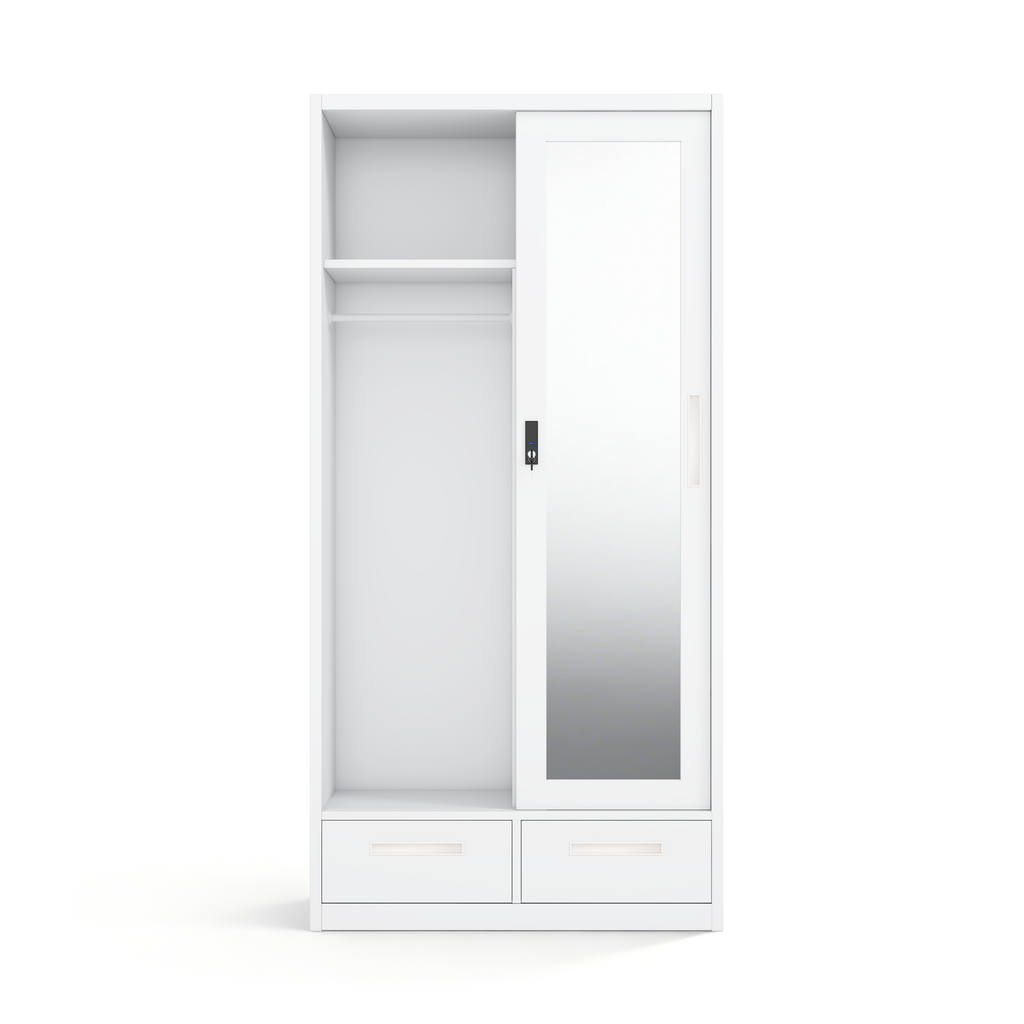 Modern Steel Sliding Door Wardrobe with Mirror & 2 Drawers - H1850 x W900mm - Customizable Metal Bedroom Cabinet