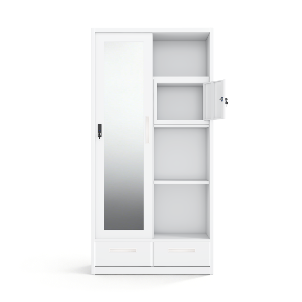 Modern Steel Sliding Door Wardrobe with Mirror & 2 Drawers - H1850 x W900mm - Customizable Metal Bedroom Cabinet