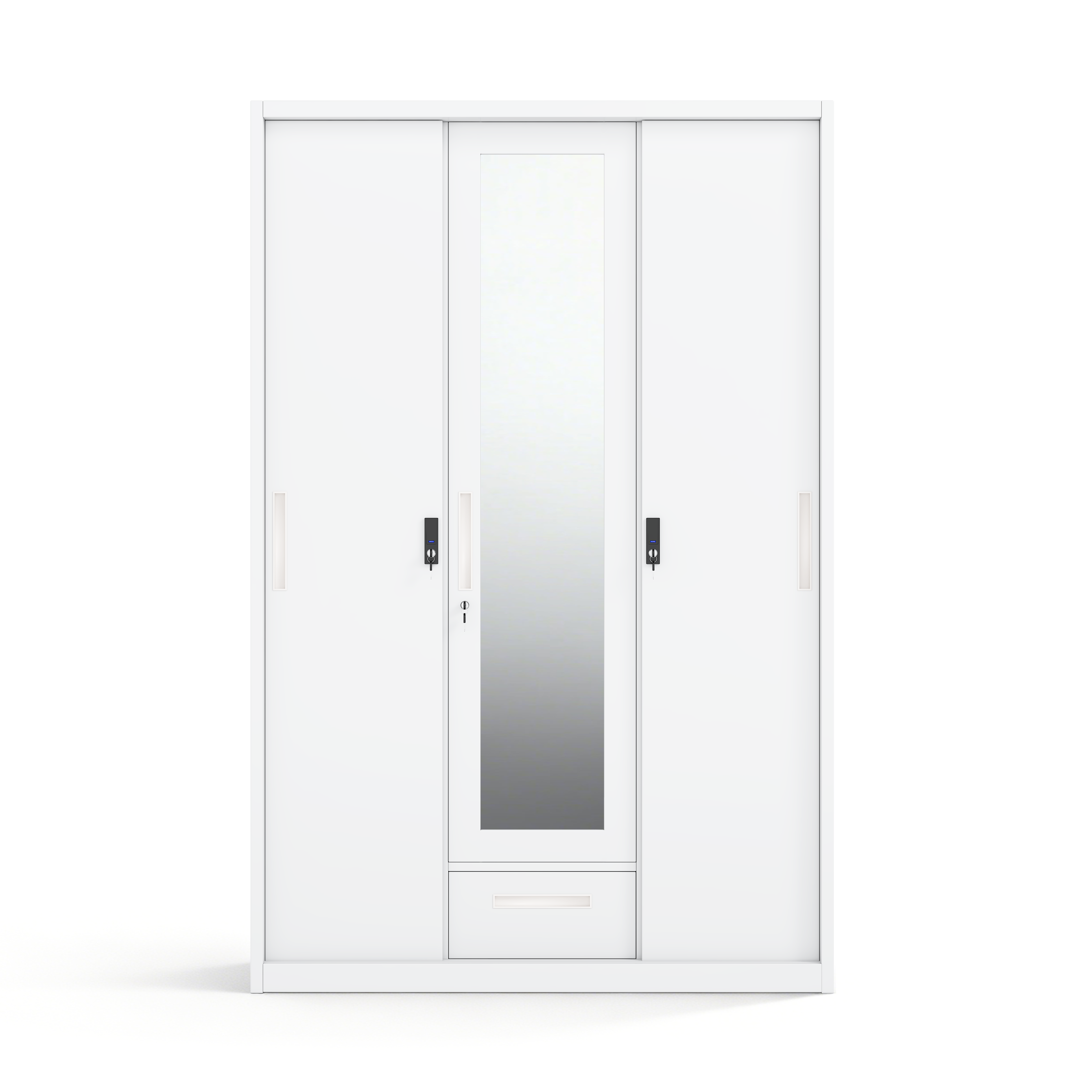 3-Door Steel Wardrobe with Central Mirror & 1 Drawer - H1850 x W1200mm - Customizable Swing Door Metal Almirah