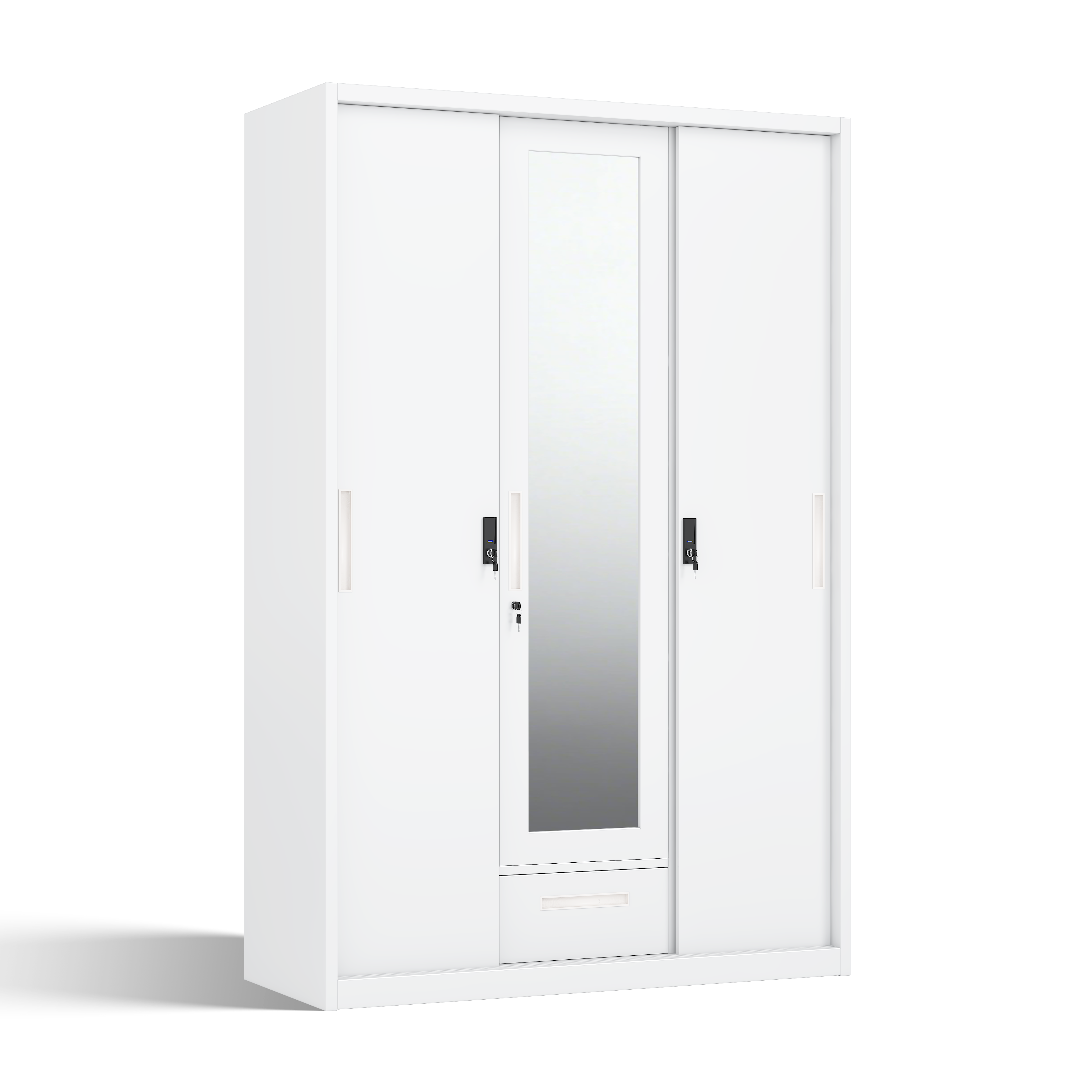 3-Door Steel Wardrobe with Central Mirror & 1 Drawer - H1850 x W1200mm - Customizable Swing Door Metal Almirah