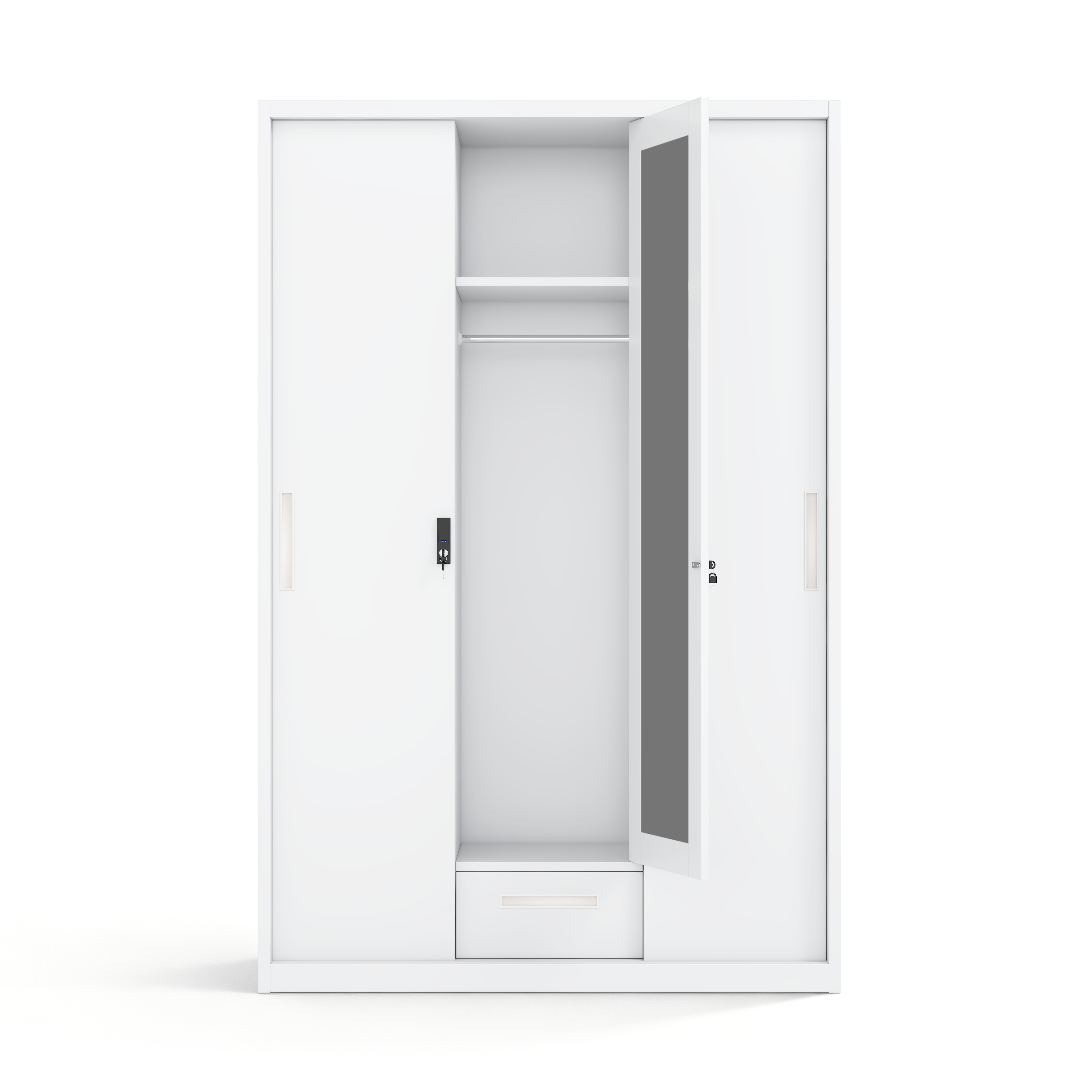 3-Door Steel Wardrobe with Central Mirror & 1 Drawer - H1850 x W1200mm - Customizable Swing Door Metal Almirah