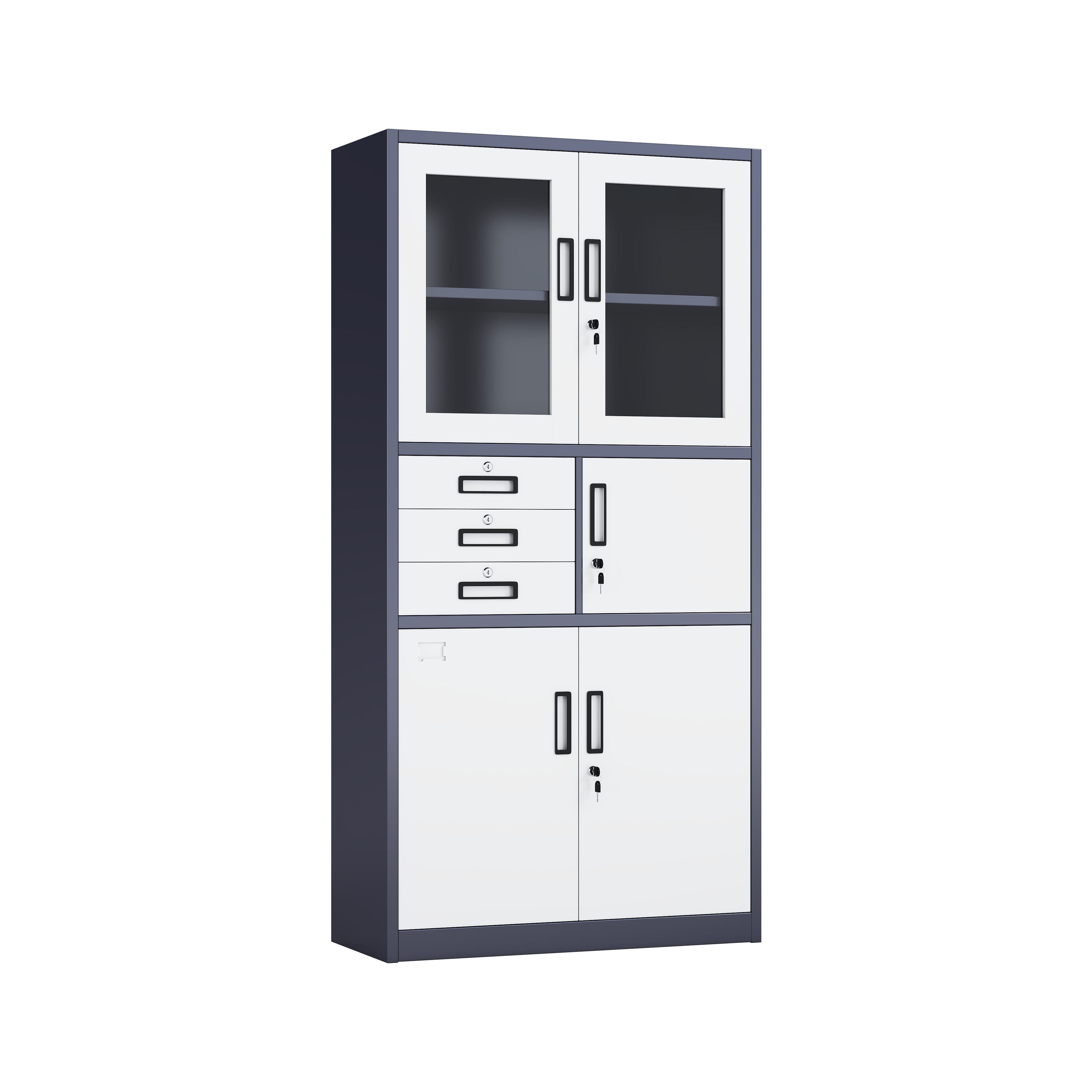 Tall 4-Zone Lockable Office Cabinet: Glass Top, 3 Drawers, Side Door, and Lower Cupboard
