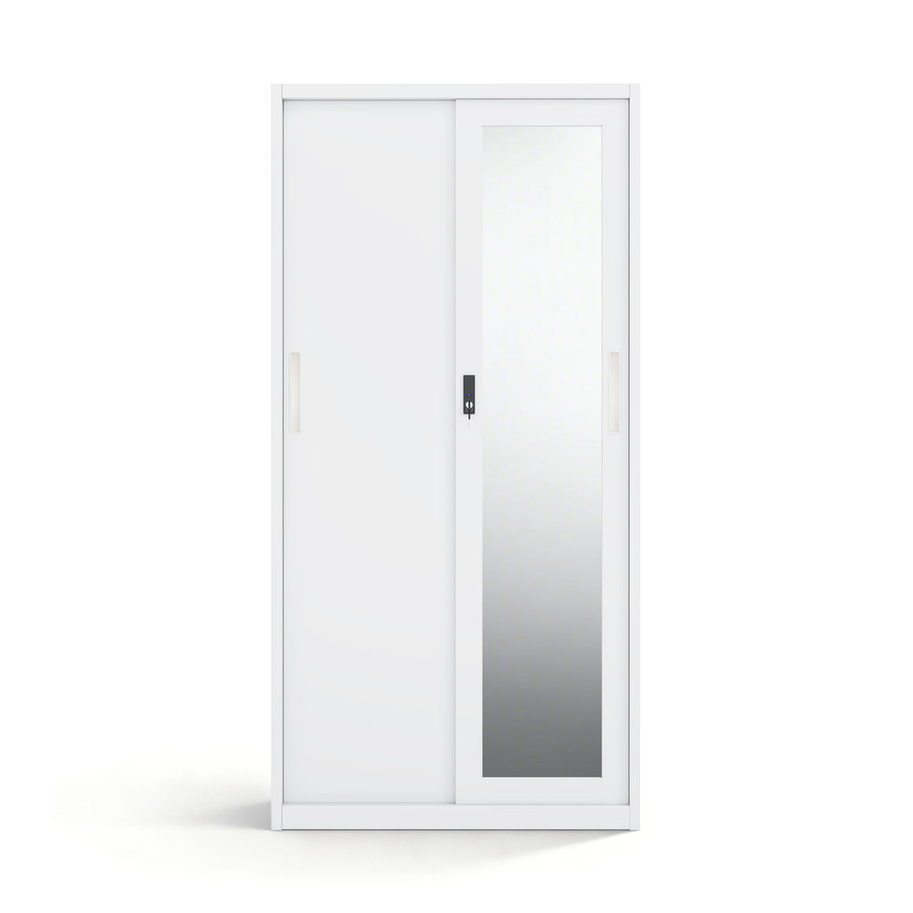 Lemari Pintu Geser Baja Modern dengan Cermin Panjang | Lemari Penyimpanan Logam Tugas Berat dengan Kotak Kunci Keamanan (T1850 x L900 mm)