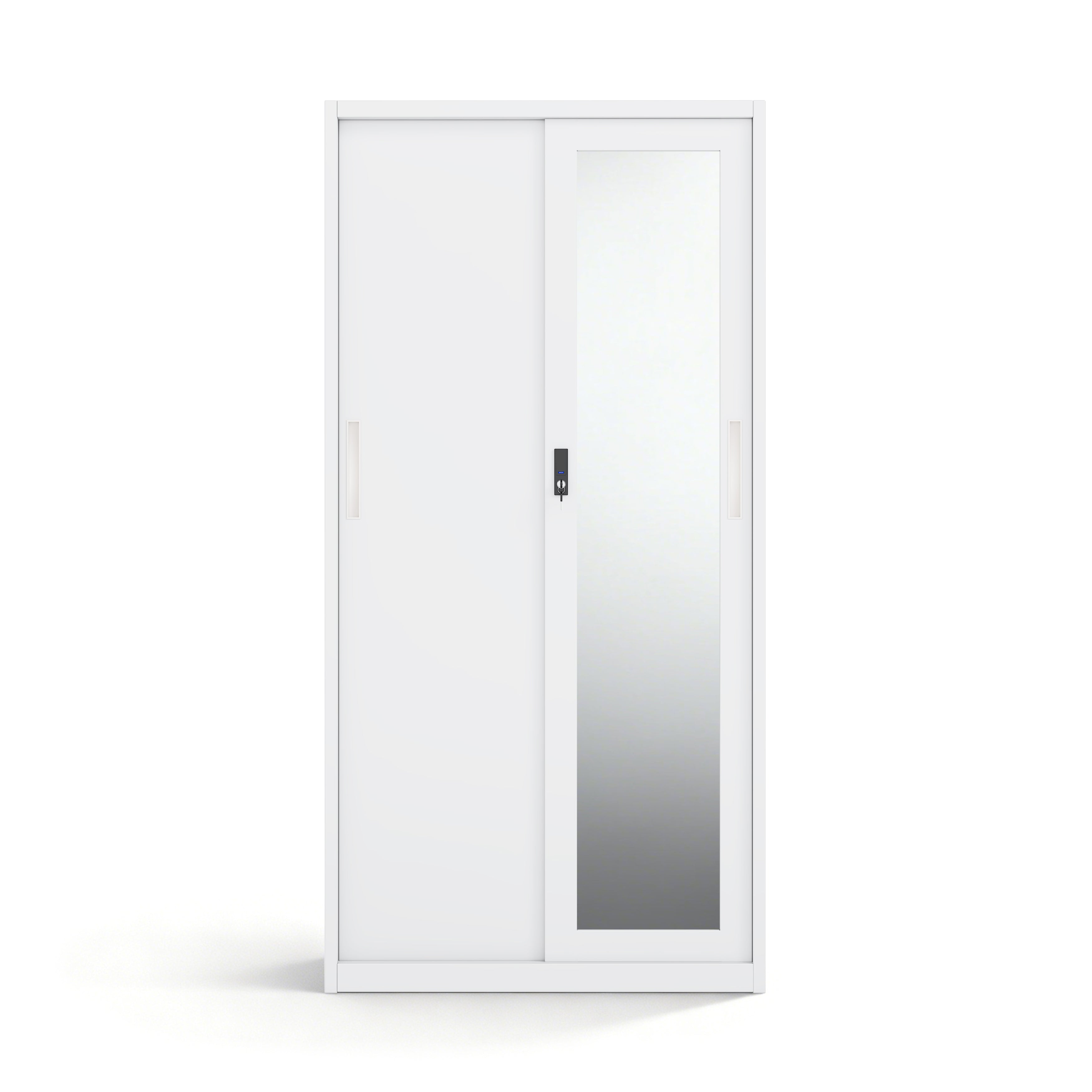Modern Steel Sliding Door Wardrobe with Full-Length Mirror | Heavy-Duty Metal Storage Armoire with Security Lock Box (H1850 x W900 mm)