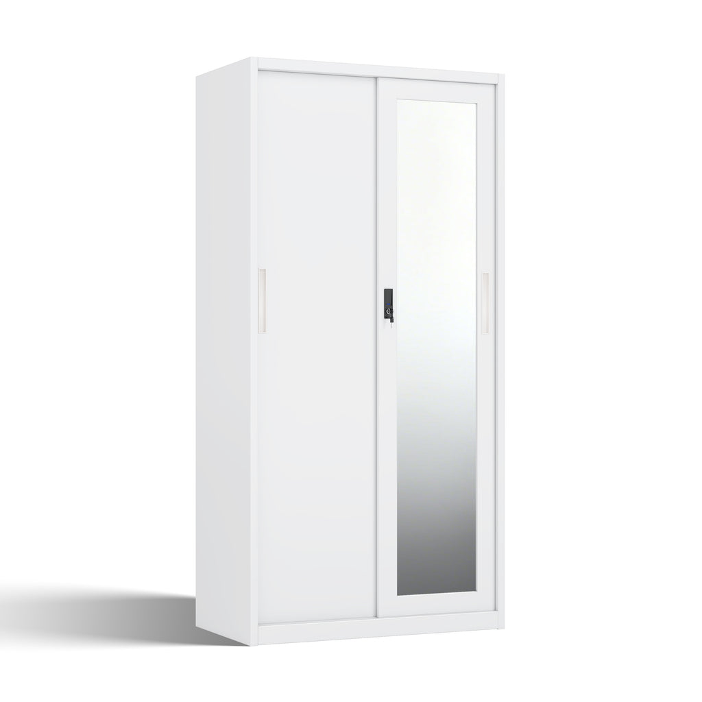 Lemari Pintu Geser Baja Modern dengan Cermin Panjang | Lemari Penyimpanan Logam Tugas Berat dengan Kotak Kunci Keamanan (T1850 x L900 mm)