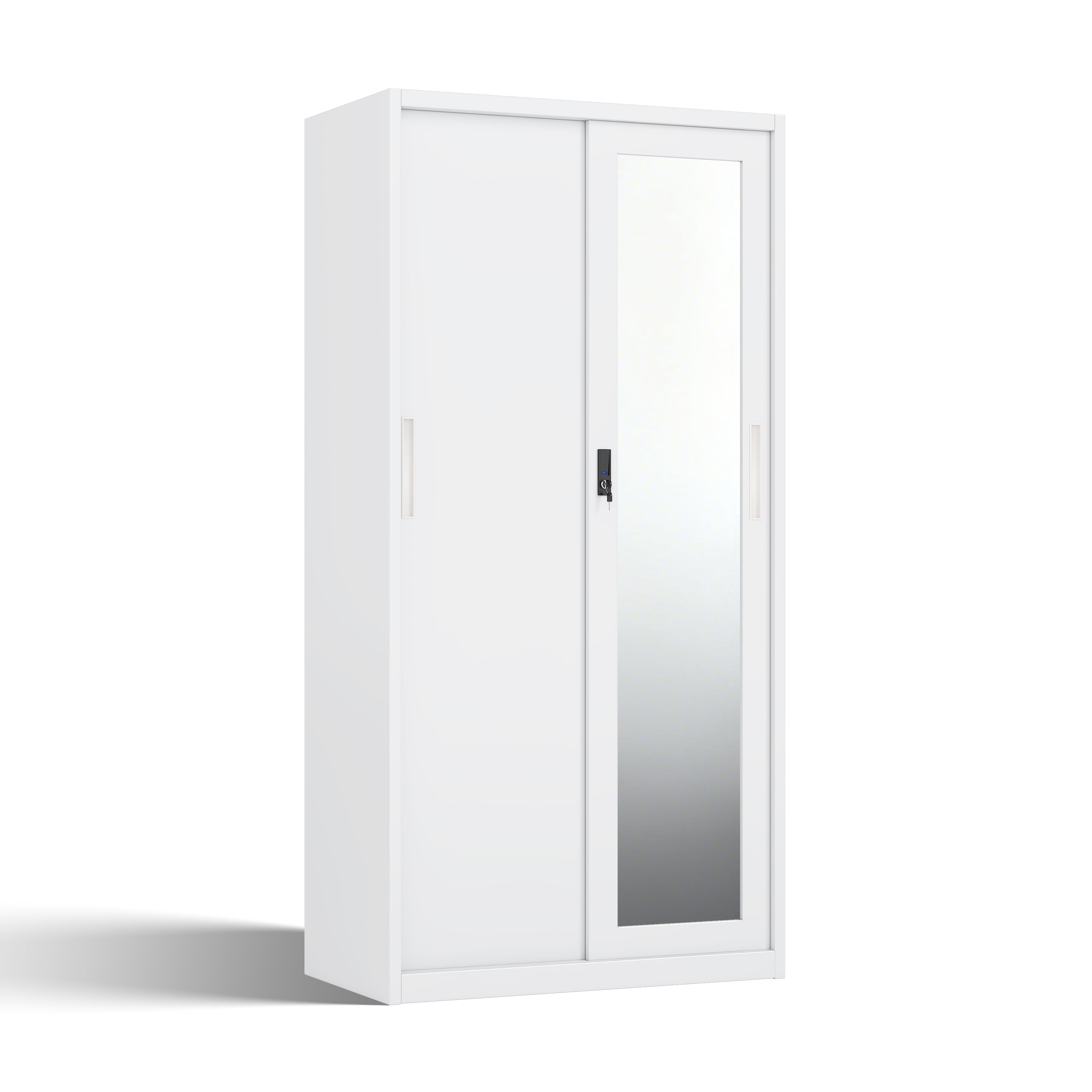 Modern Steel Sliding Door Wardrobe with Full-Length Mirror | Heavy-Duty Metal Storage Armoire with Security Lock Box (H1850 x W900 mm)