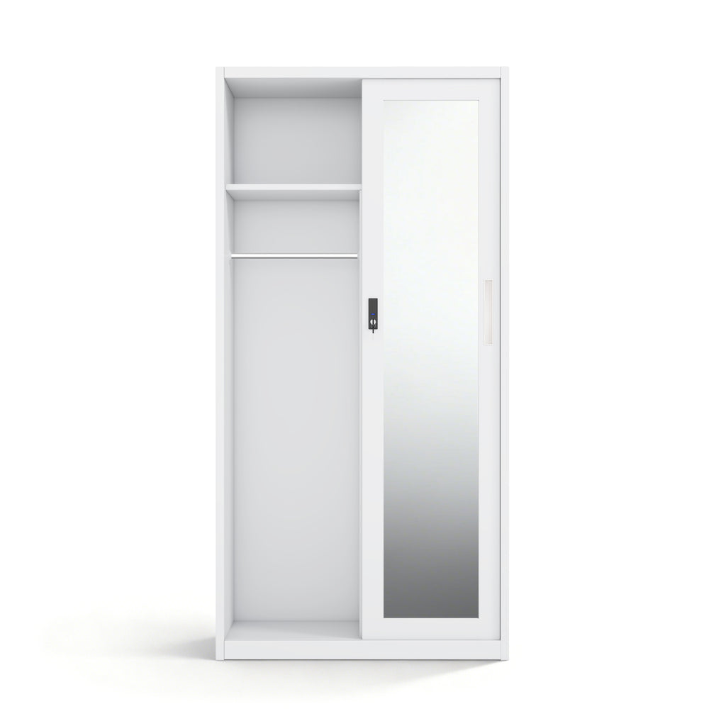 Lemari Pintu Geser Baja Modern dengan Cermin Panjang | Lemari Penyimpanan Logam Tugas Berat dengan Kotak Kunci Keamanan (T1850 x L900 mm)