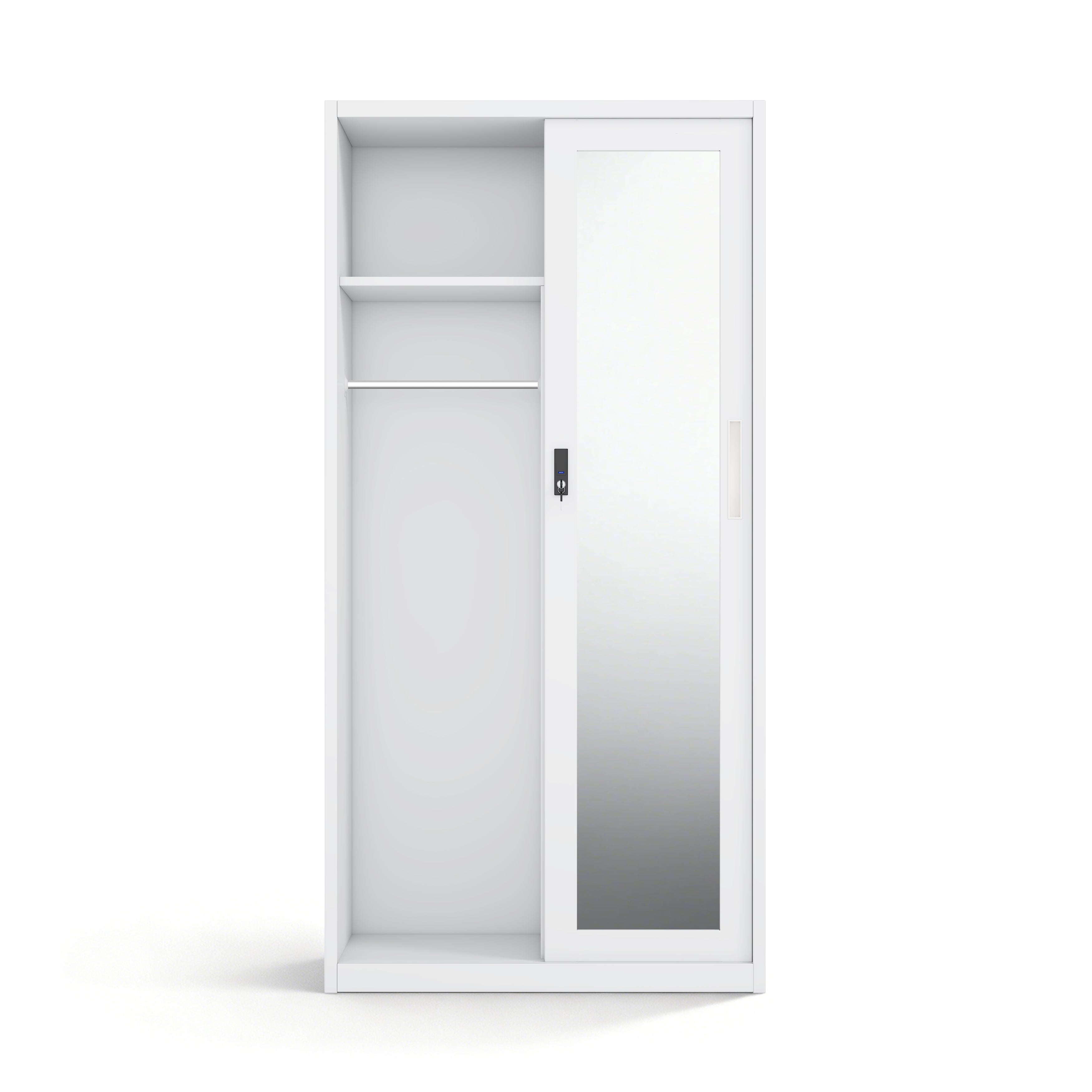 Modern Steel Sliding Door Wardrobe with Full-Length Mirror | Heavy-Duty Metal Storage Armoire with Security Lock Box (H1850 x W900 mm)