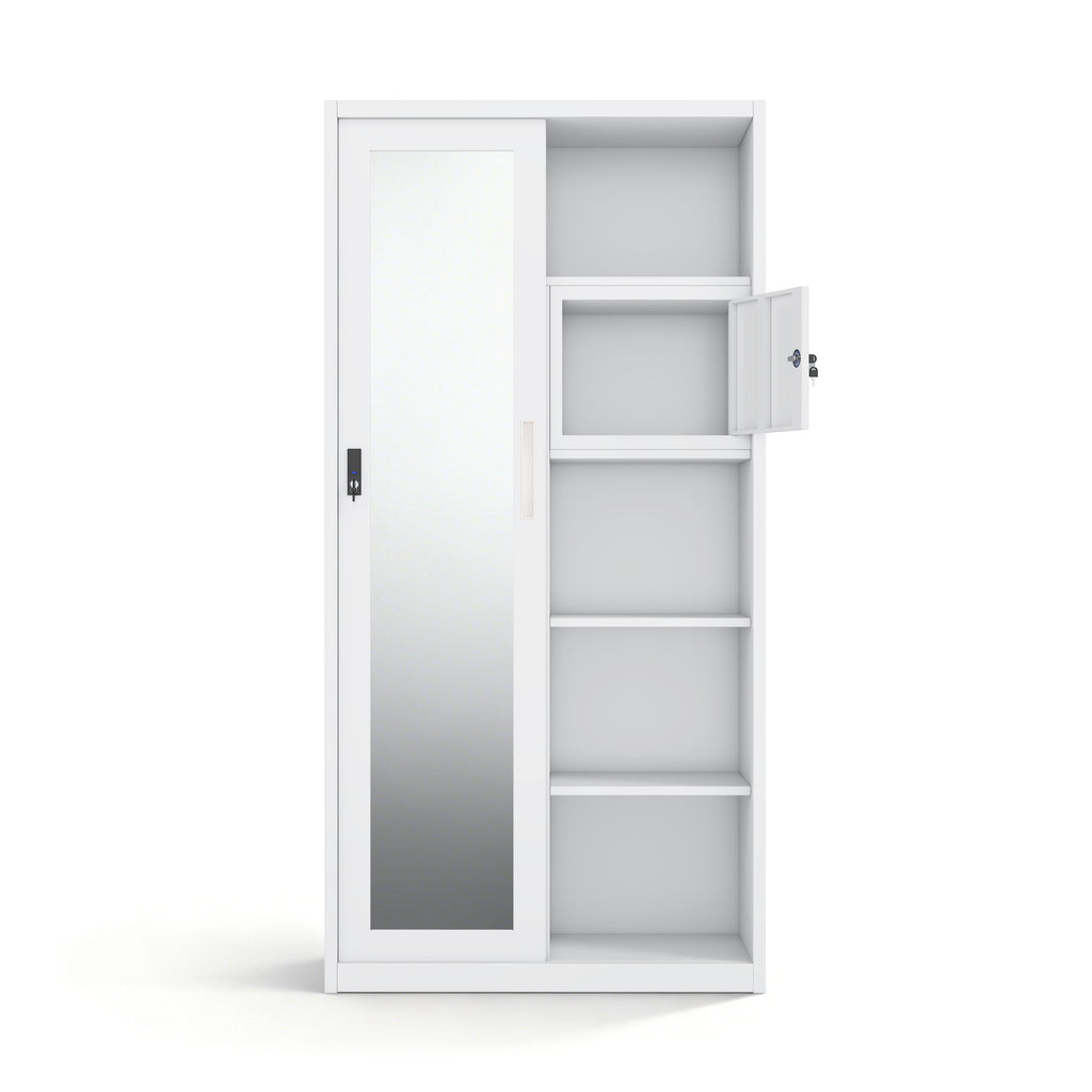 Lemari Pintu Geser Baja Modern dengan Cermin Panjang | Lemari Penyimpanan Logam Tugas Berat dengan Kotak Kunci Keamanan (T1850 x L900 mm)