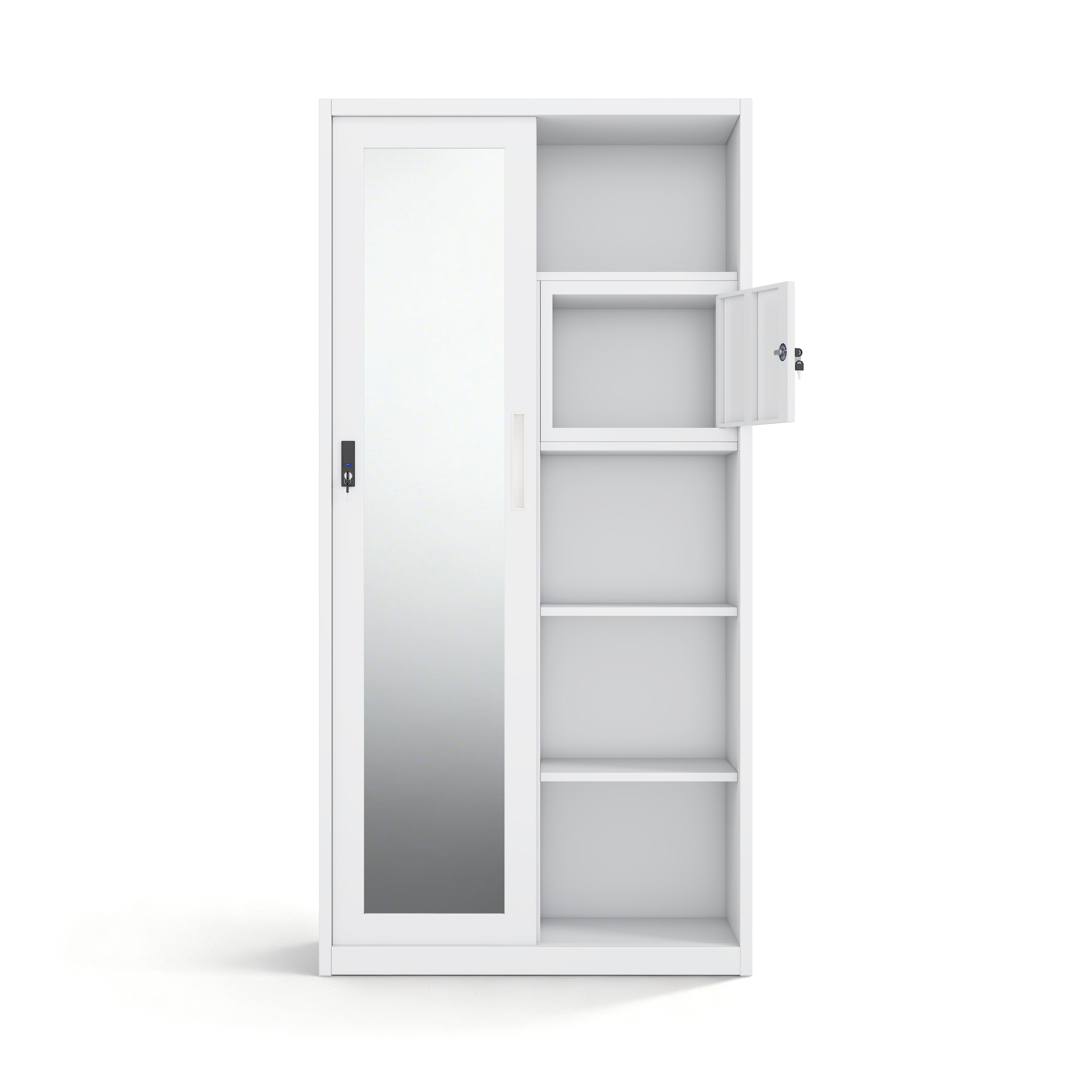 Modern Steel Sliding Door Wardrobe with Full-Length Mirror | Heavy-Duty Metal Storage Armoire with Security Lock Box (H1850 x W900 mm)