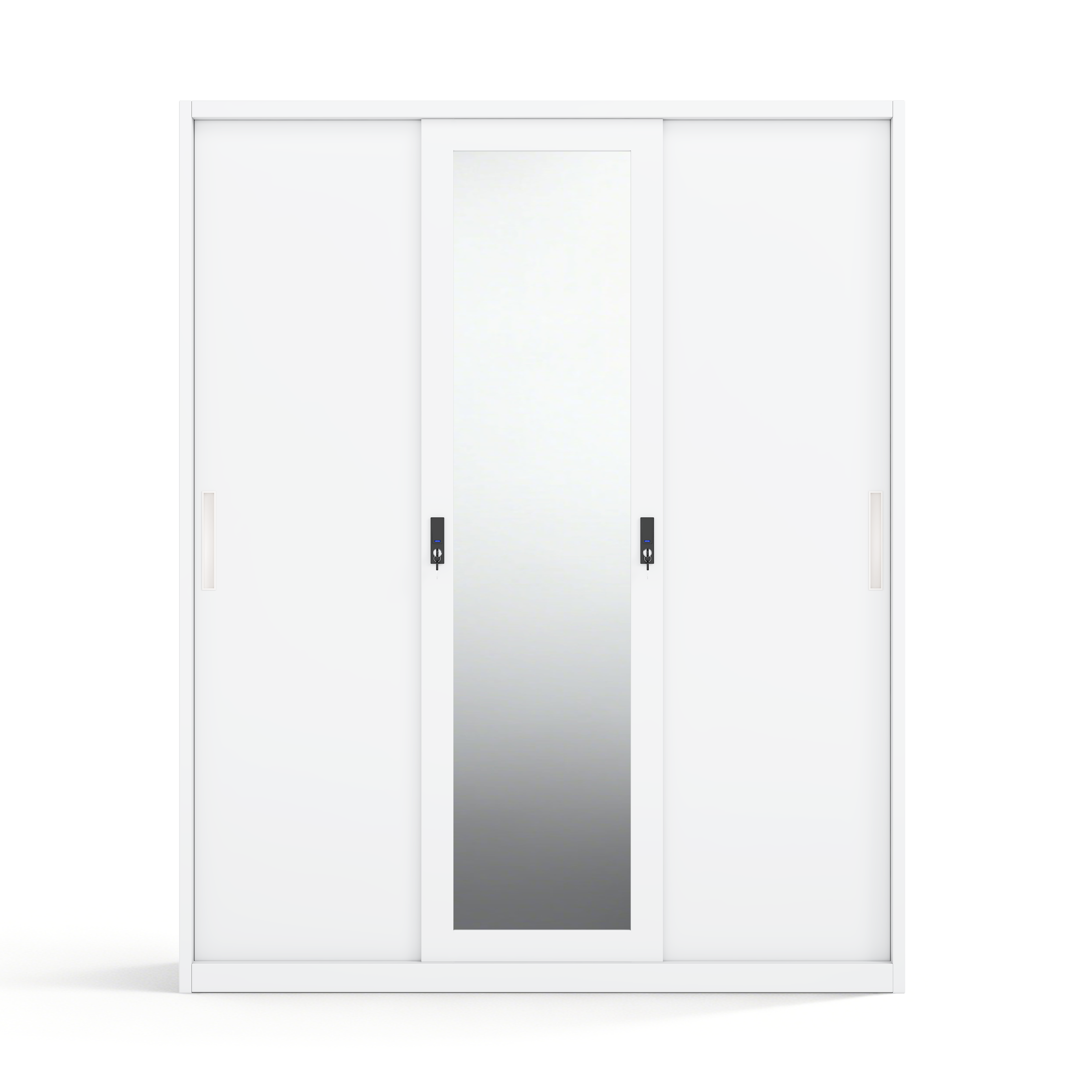 3-Door Steel Sliding Wardrobe with Center Mirror & Inner Safe - W1500 x H1850mm - Modern Metal Bedroom Almirah