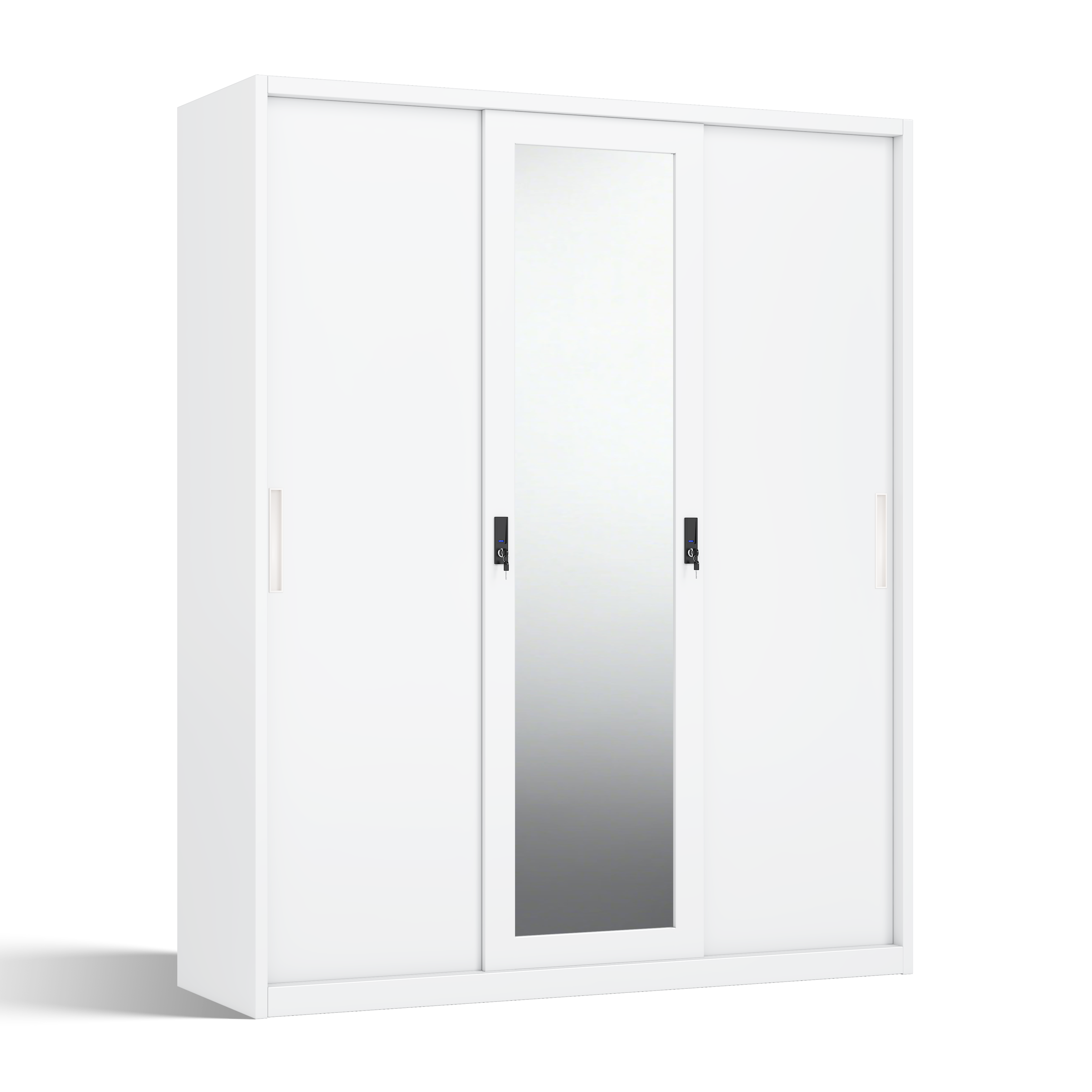 3-Door Steel Sliding Wardrobe with Center Mirror & Inner Safe - W1500 x H1850mm - Modern Metal Bedroom Almirah