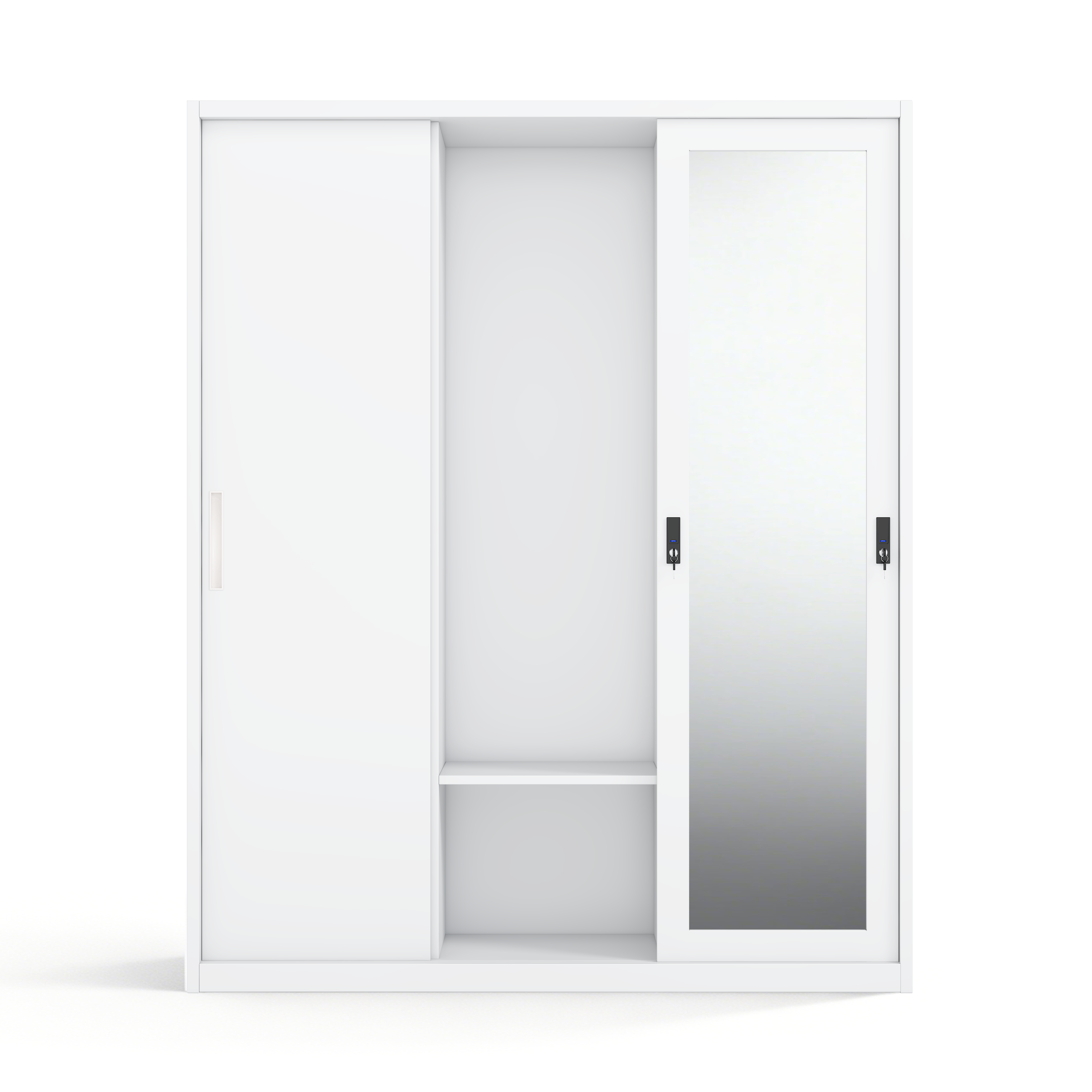 3-Door Steel Sliding Wardrobe with Center Mirror & Inner Safe - W1500 x H1850mm - Modern Metal Bedroom Almirah