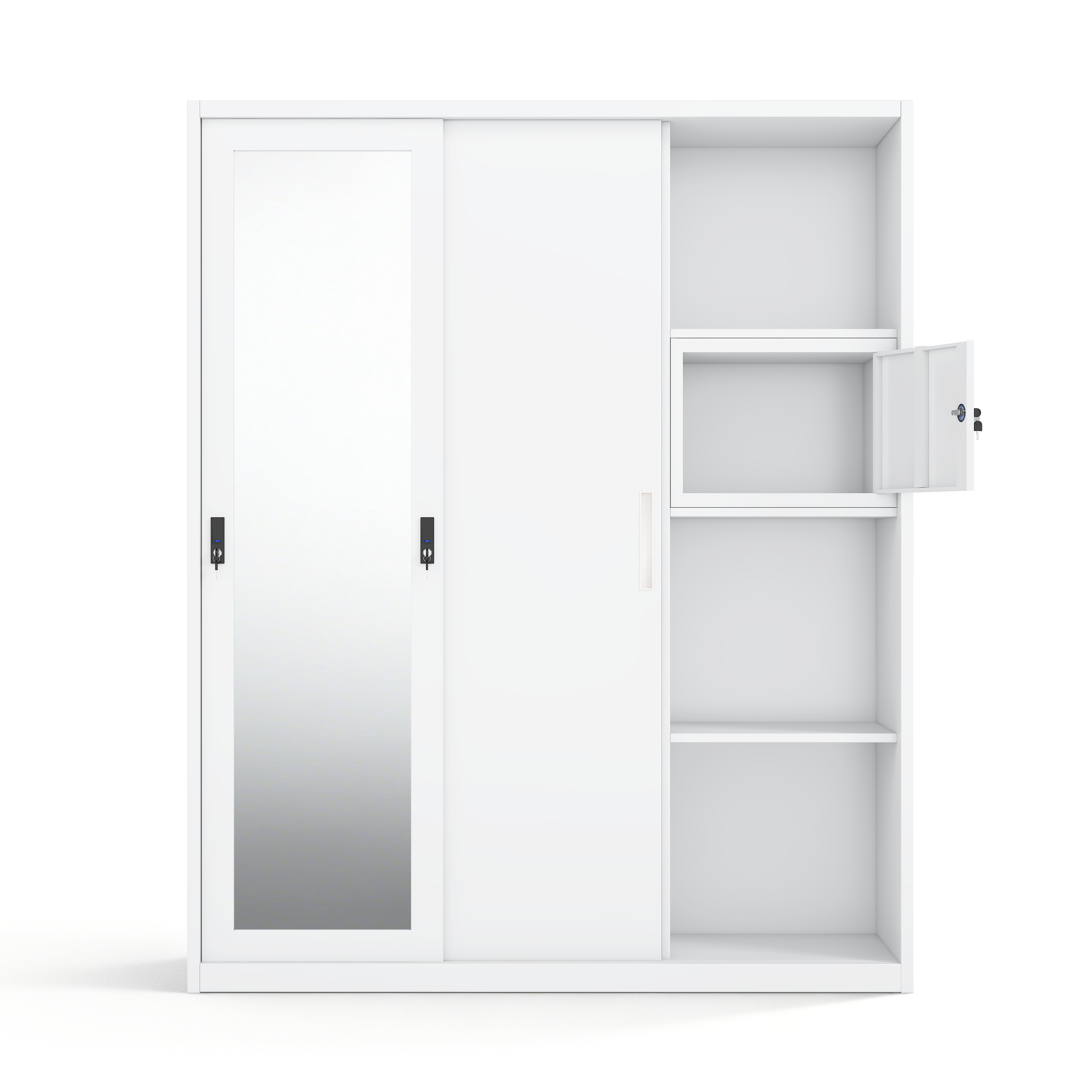 3-Door Steel Sliding Wardrobe with Center Mirror & Inner Safe - W1500 x H1850mm - Modern Metal Bedroom Almirah